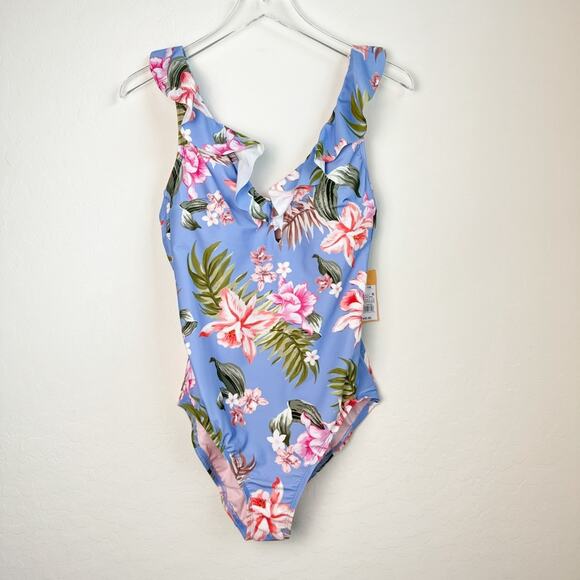 Kona Sol Floral One Piece Swimsuit Blue Pink Ruffle NWT Large - Picture 2 of 12